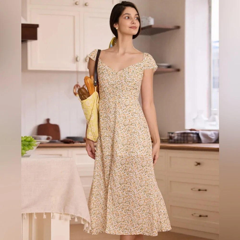 NWT RIHOAS The Yellow V Neck Floral Slit Midi Dress Sz XS - Picture 3 of 6